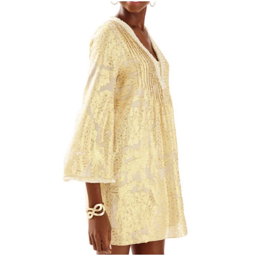NWT Lilly Pulitzer Colby Silk Chiffon Tunic Dress Sand Bar Gold XXS $298 Resort